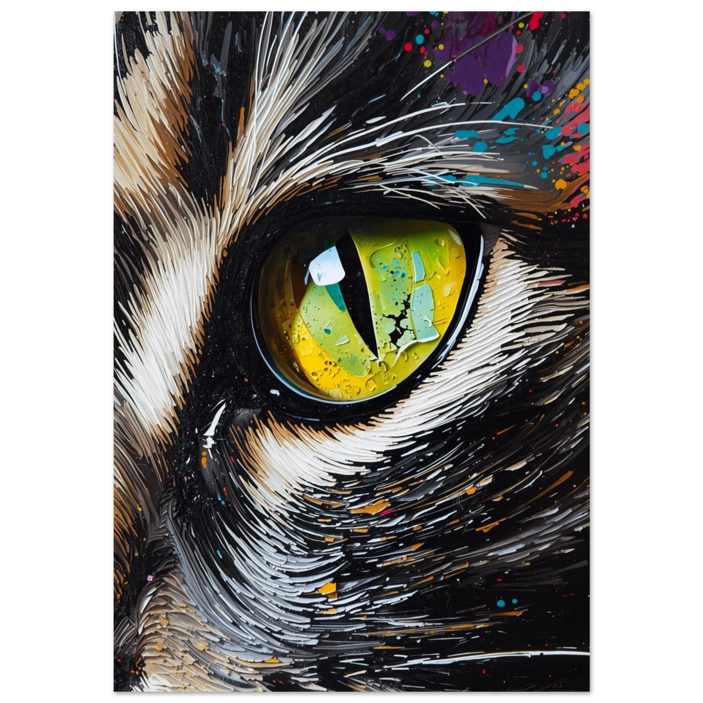 Närbild av kattöga i impasto-stil med grön iris och färgstänk