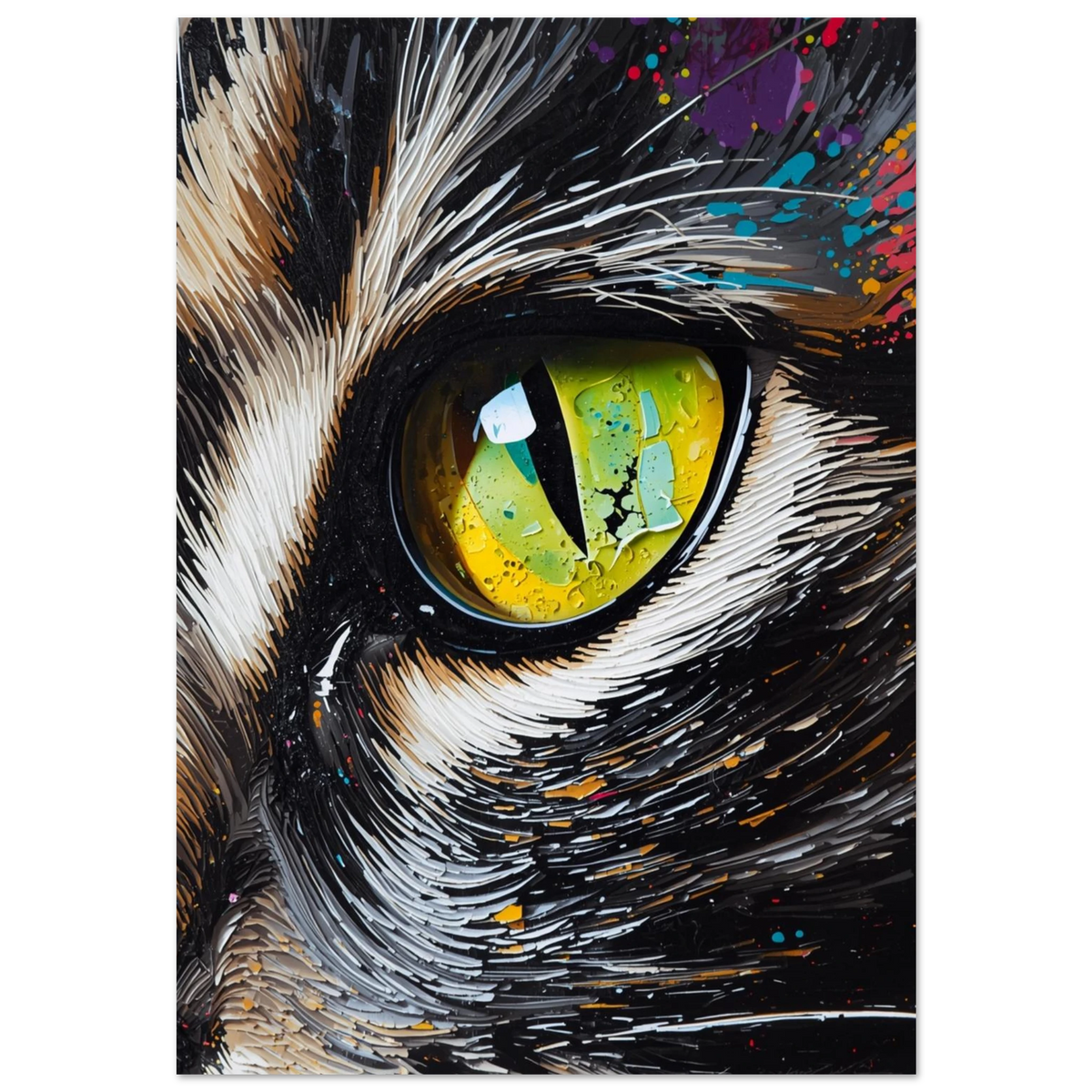 Närbild av kattöga i impasto-stil med grön iris och färgstänk