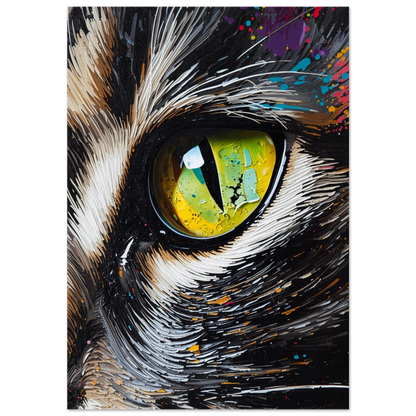 Närbild av kattöga i impasto-stil med grön iris och färgstänk