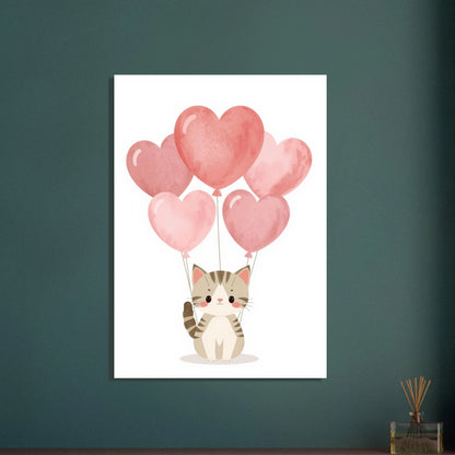Söt kattunge håller i rosa hjärtballonger, kawaii-stil