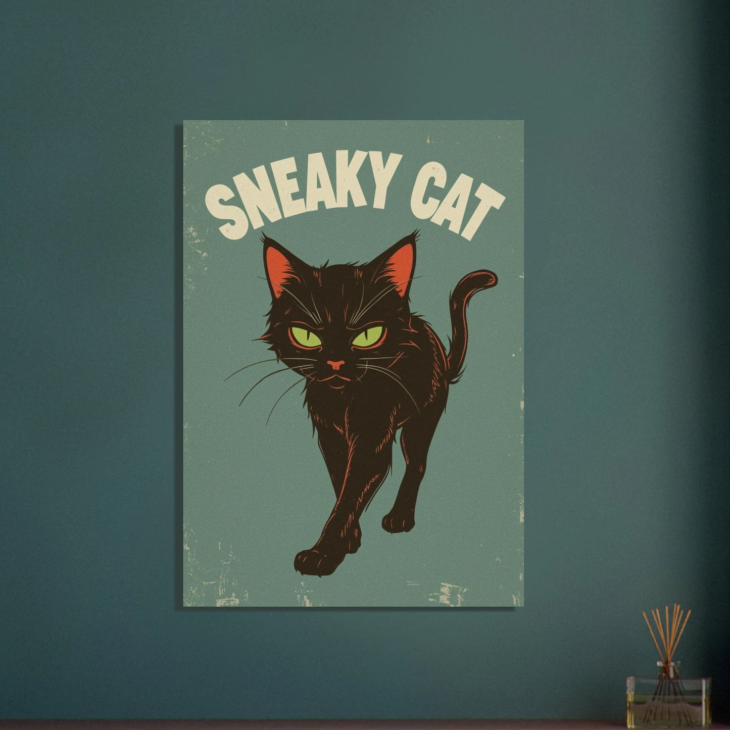 Svart katt med lysande gröna ögon i retrostil
