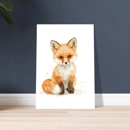 Bedårande rävunge i akvarell, varma orange toner, charmigt djurmotiv.