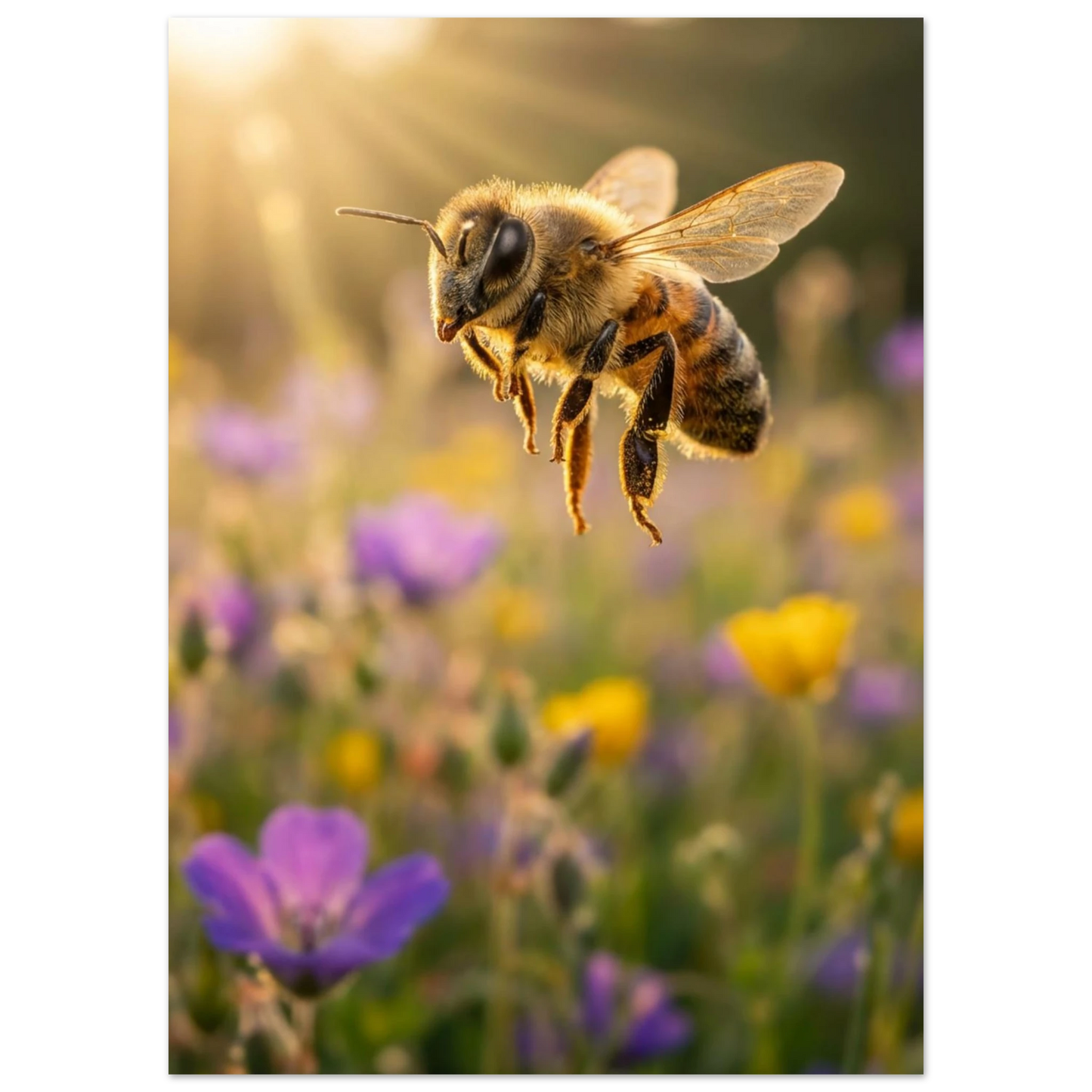 Närbild på bi i flykt med utsträckta ben över blommande fält – Fotorealistisk poster