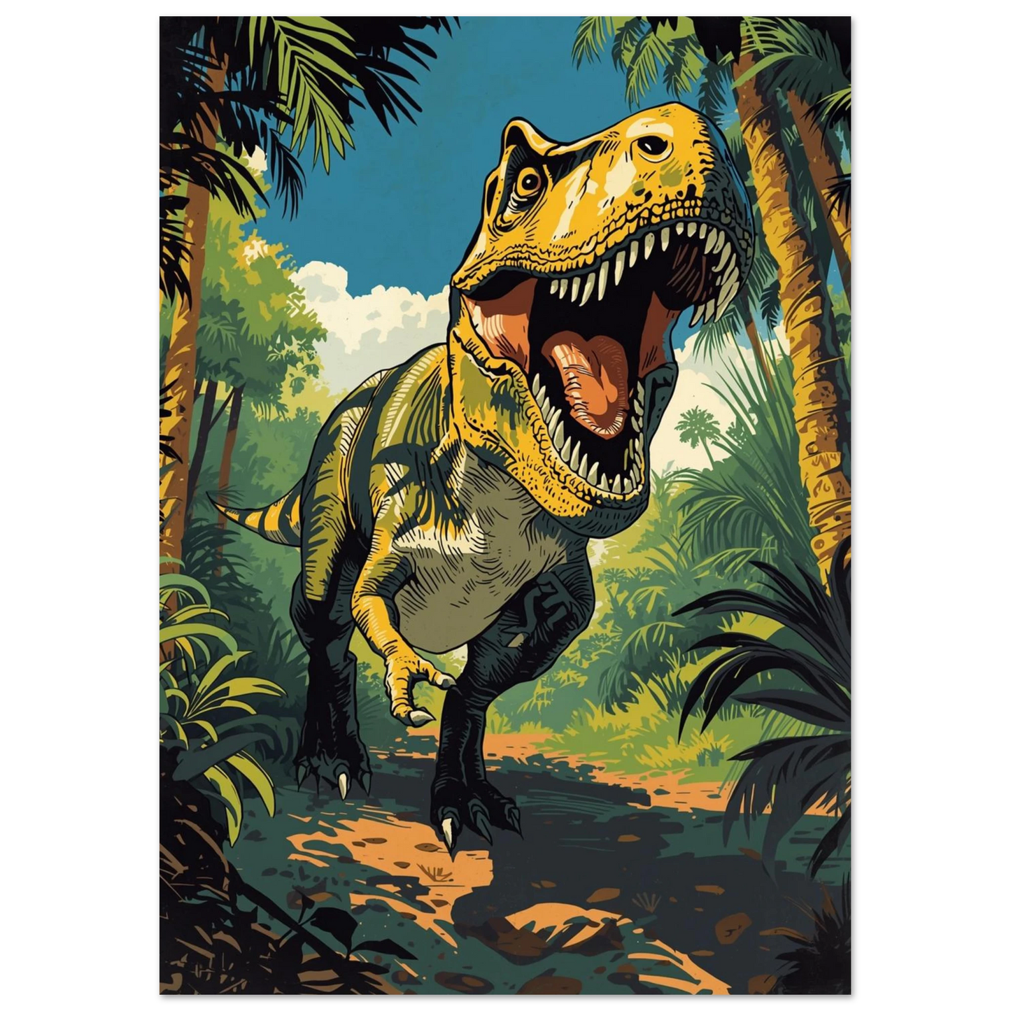 Vrålande Tyrannosaurus Rex i tät tropisk vegetation – grafiskt djurmotiv