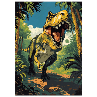 Vrålande Tyrannosaurus Rex i tät tropisk vegetation – grafiskt djurmotiv