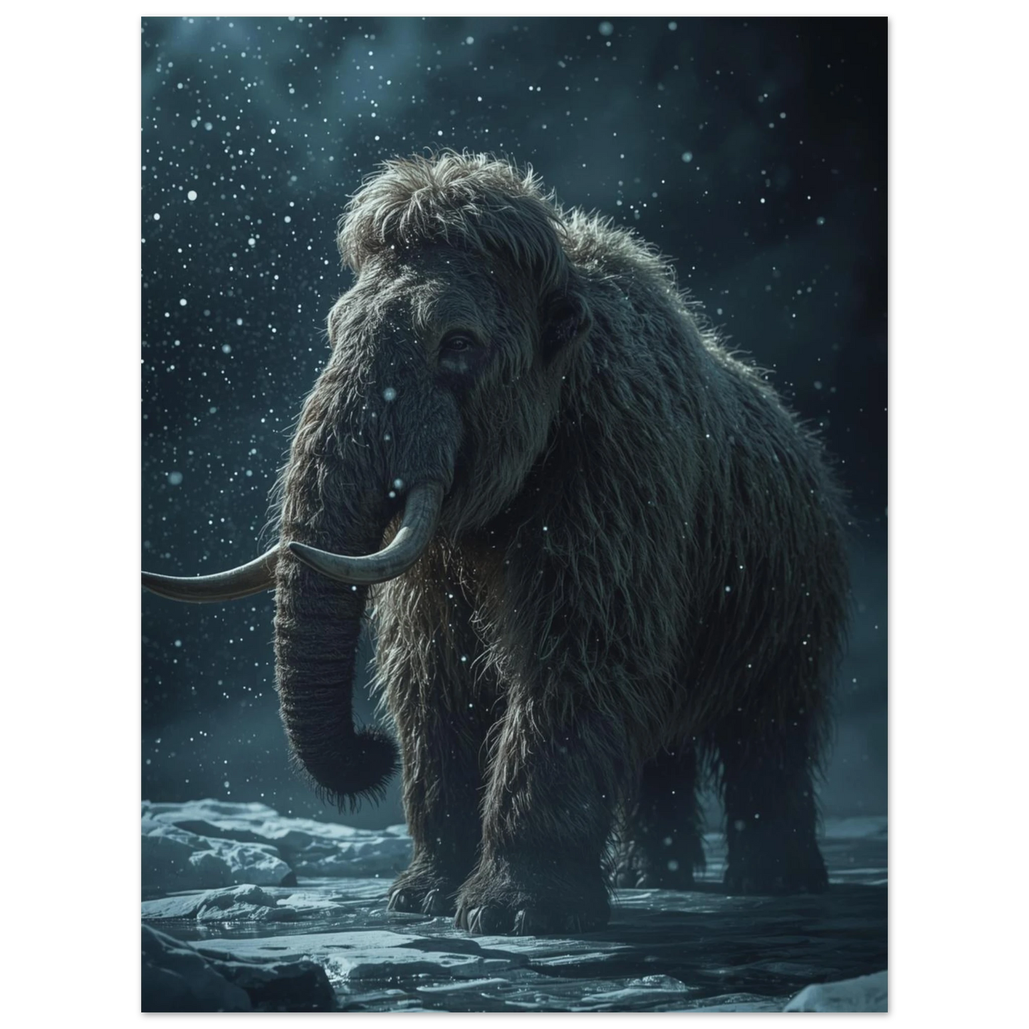 Mörk djurposter med en ensam mammut under fallande snöflingor