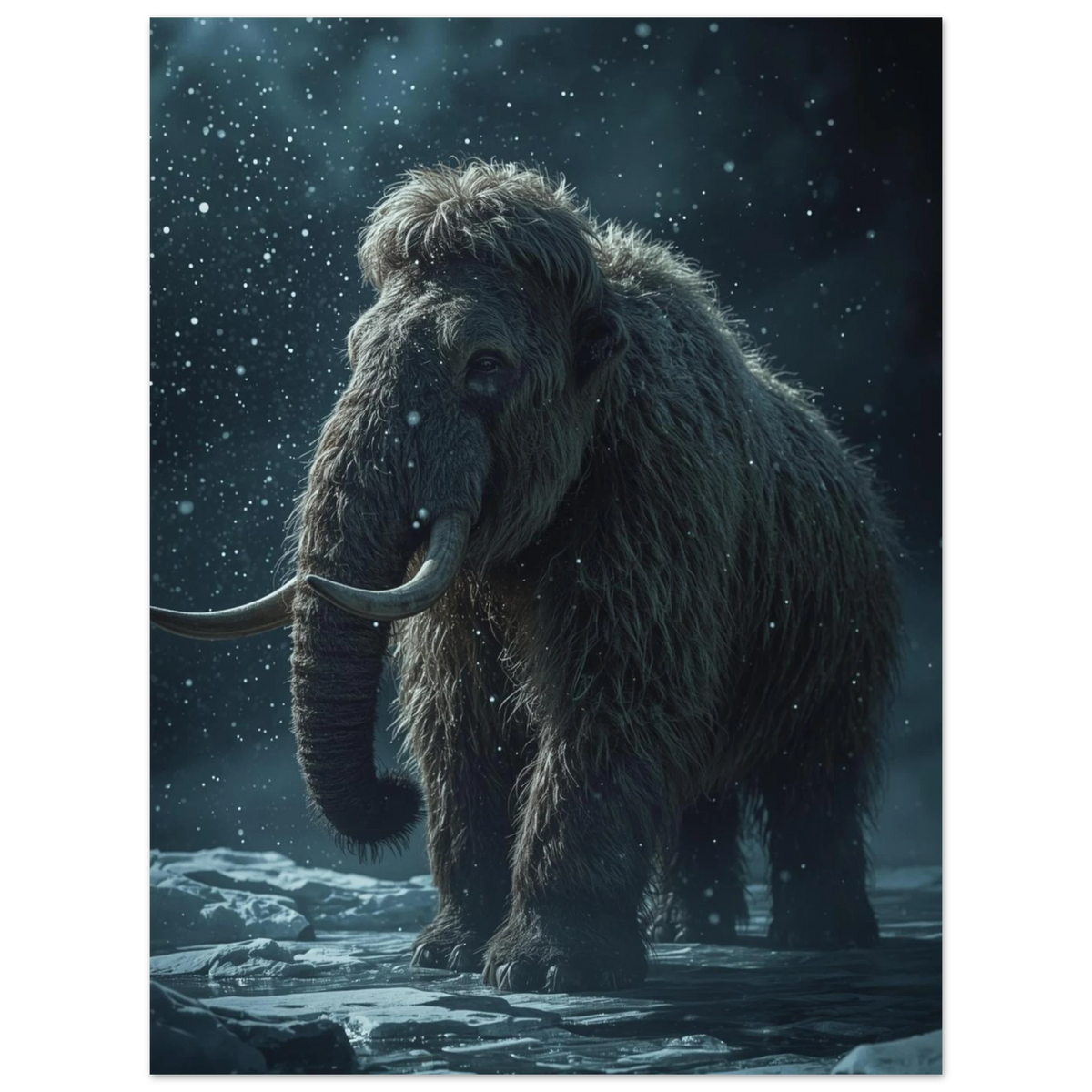 Mörk djurposter med en ensam mammut under fallande snöflingor