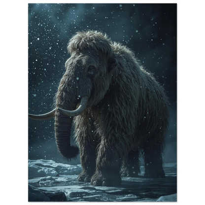 Mörk djurposter med en ensam mammut under fallande snöflingor
