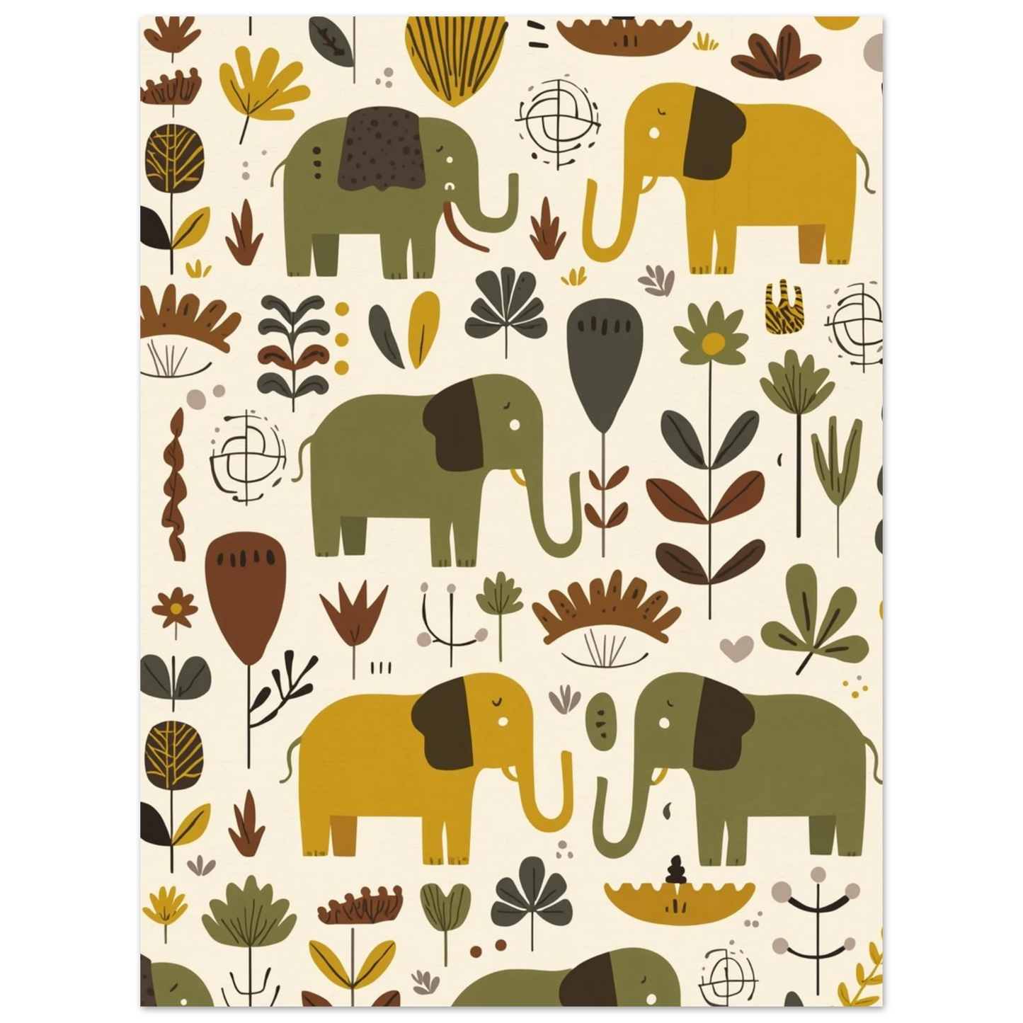 Lekfulla elefanter i ett dekorativt mönster – konsttryck med naturmotiv och djur