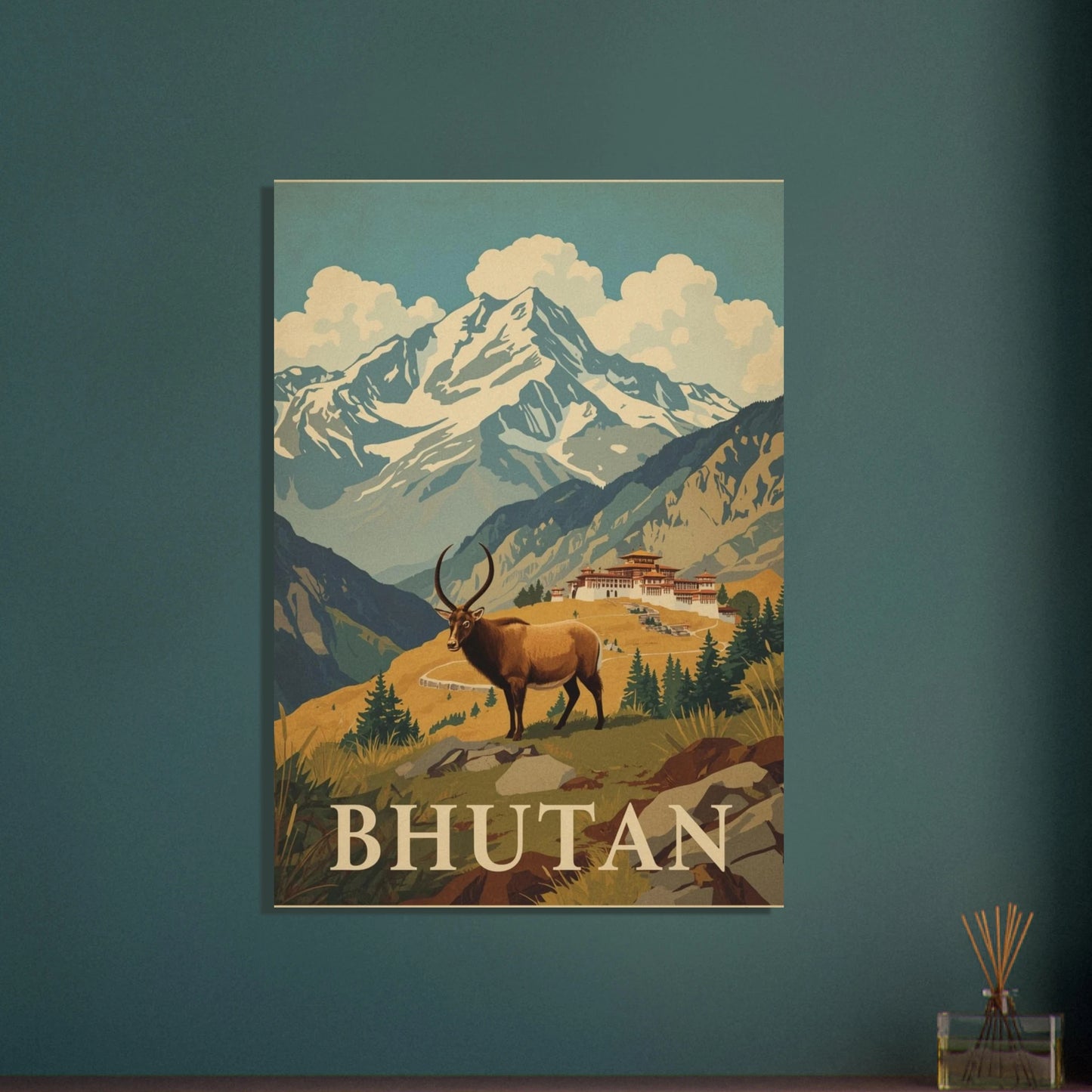 Majestätisk takin i Himalayas berglandskap, vintage reseaffischstil.