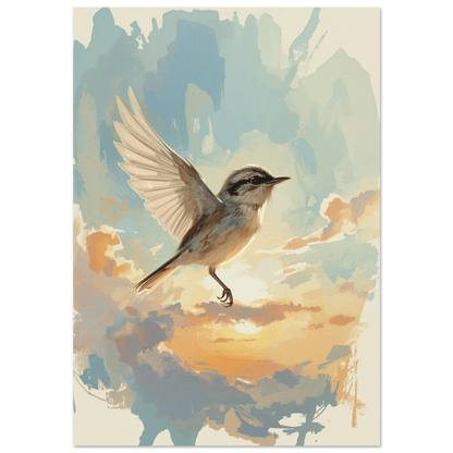Småfågel i flykt mot blå och orange himmel, konstnärlig djurposter