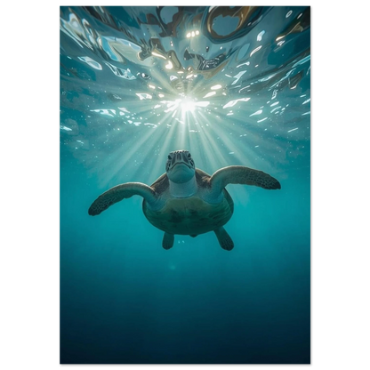 Havssköldpadda simmar mot ytan i turkost vatten – marin fotoposter