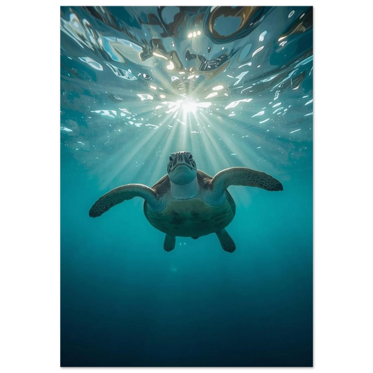 Havssköldpadda simmar mot ytan i turkost vatten – marin fotoposter