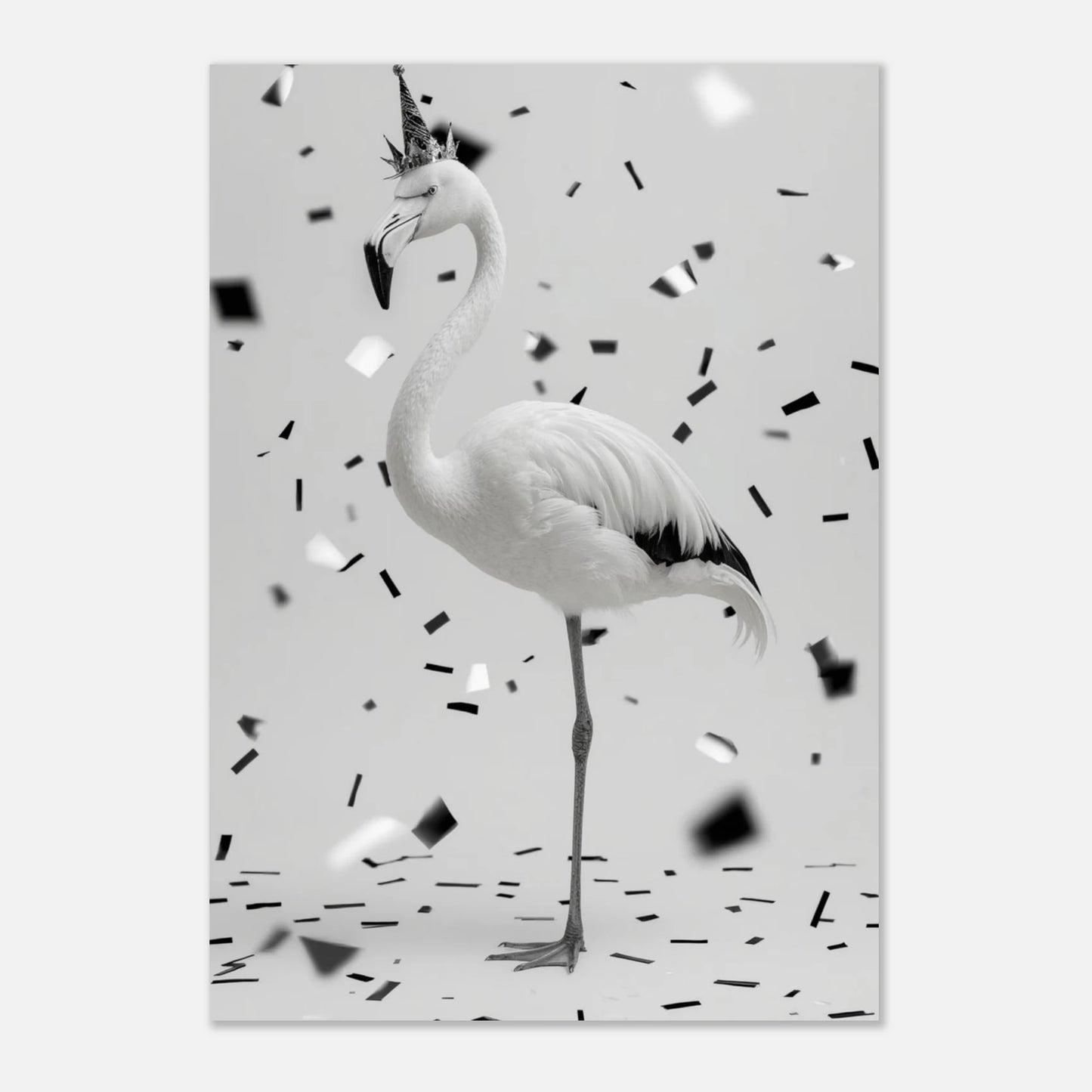 Minimalistisk svartvit tavla av en flamingo som firar födelsedag med partyhatt