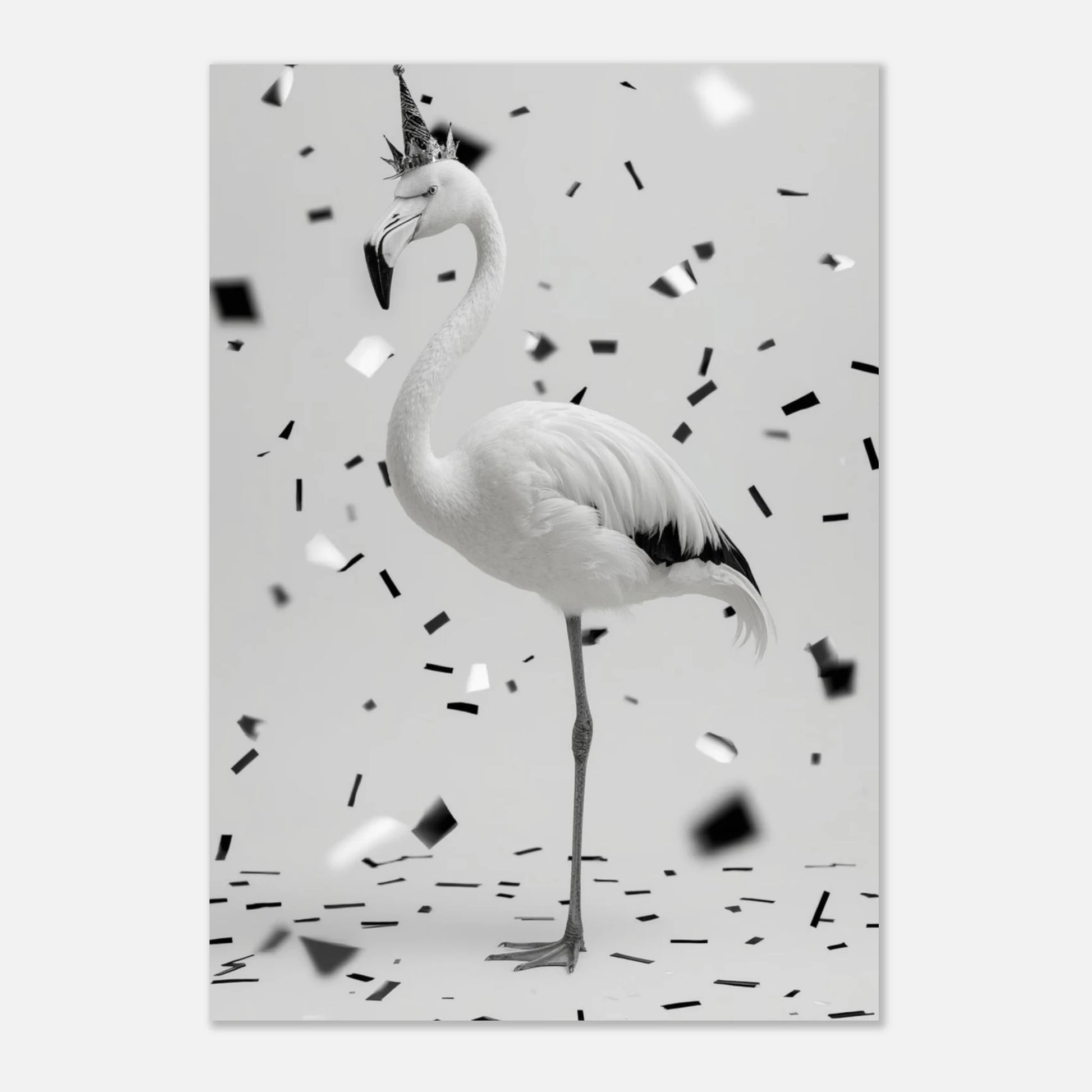 Minimalistisk svartvit tavla av en flamingo som firar födelsedag med partyhatt