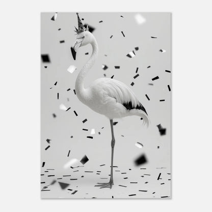 Minimalistisk svartvit tavla av en flamingo som firar födelsedag med partyhatt