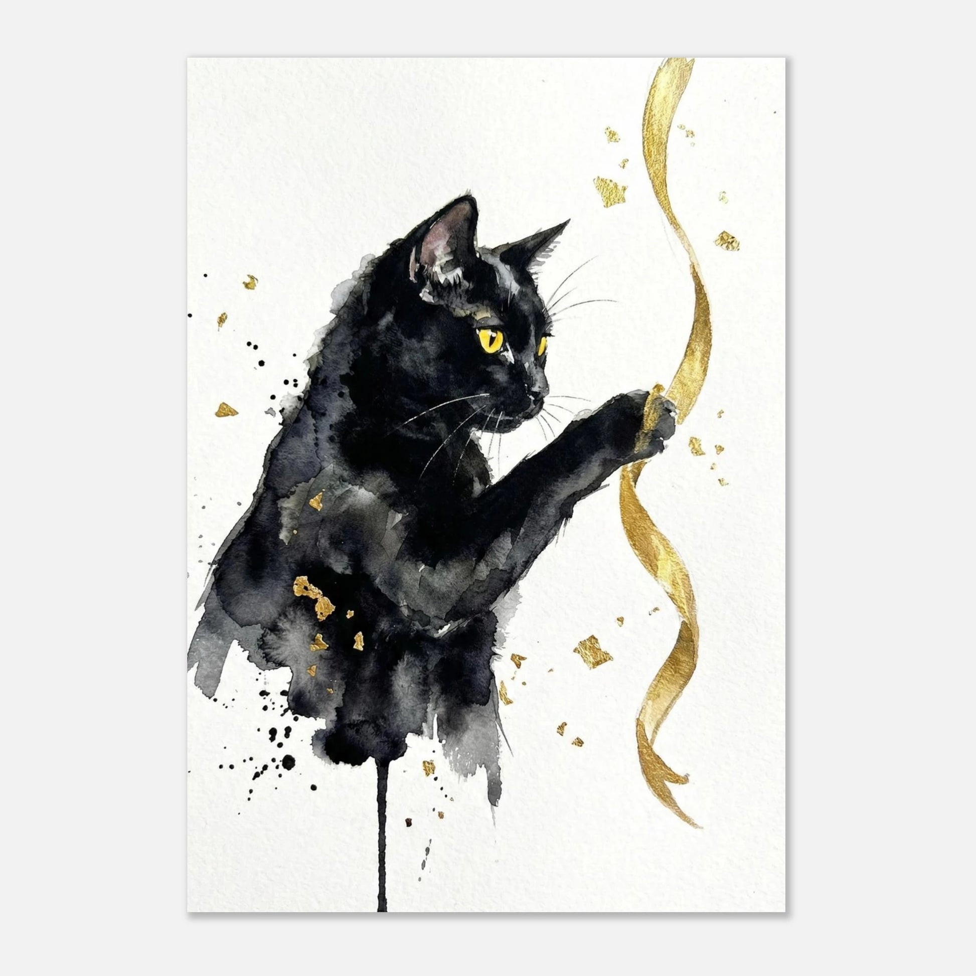 Svart kattmotiv med guldiga detaljer på vit poster, minimalistisk stil