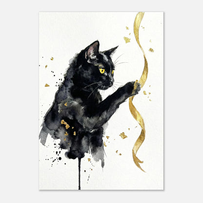 Svart kattmotiv med guldiga detaljer på vit poster, minimalistisk stil