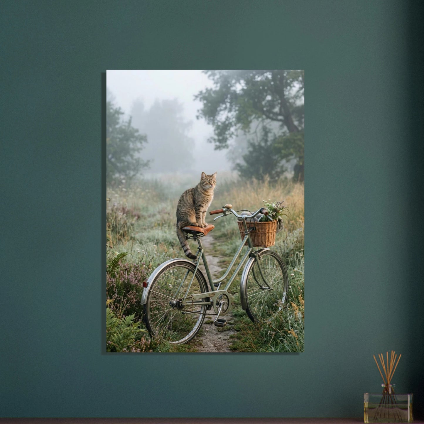Katt på cykel i dimmigt landskap, lugn stämning, vintage stil.