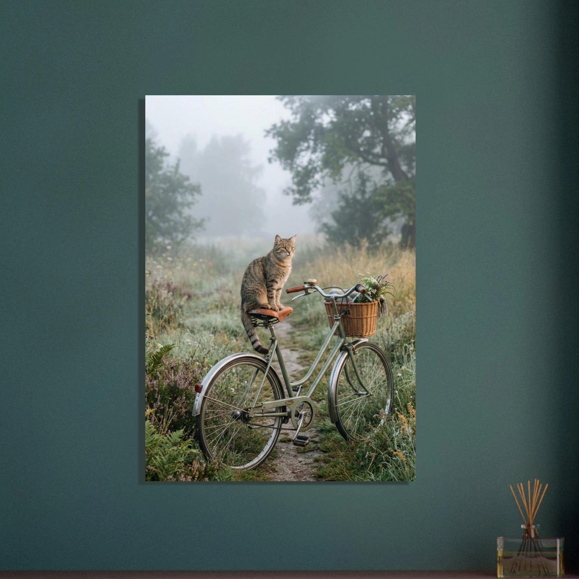 Katt på cykel i dimmigt landskap, lugn stämning, vintage stil.