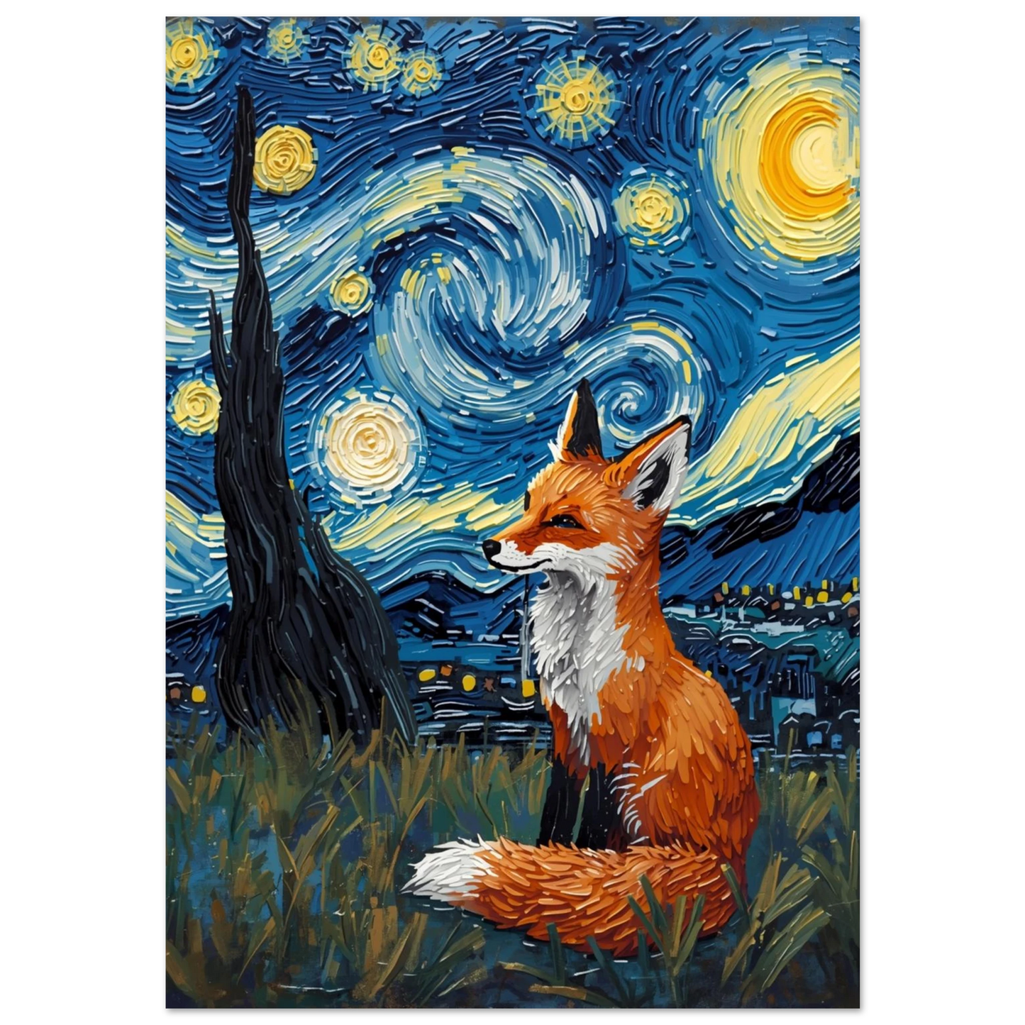 Räv under stjärnklar himmel i Van Gogh-stil – blått tavelmotiv