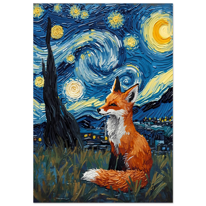 Räv under stjärnklar himmel i Van Gogh-stil – blått tavelmotiv