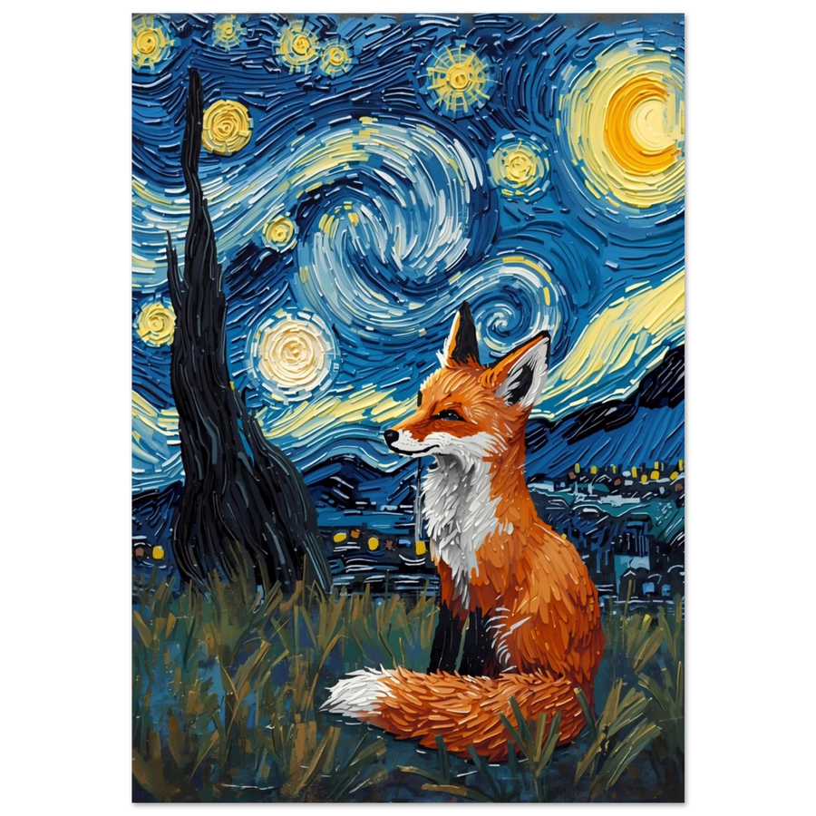 Räv under stjärnklar himmel i Van Gogh-stil – blått tavelmotiv
