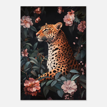 Konstnärlig illustration av en leopard i en romantisk och mörk naturmiljö