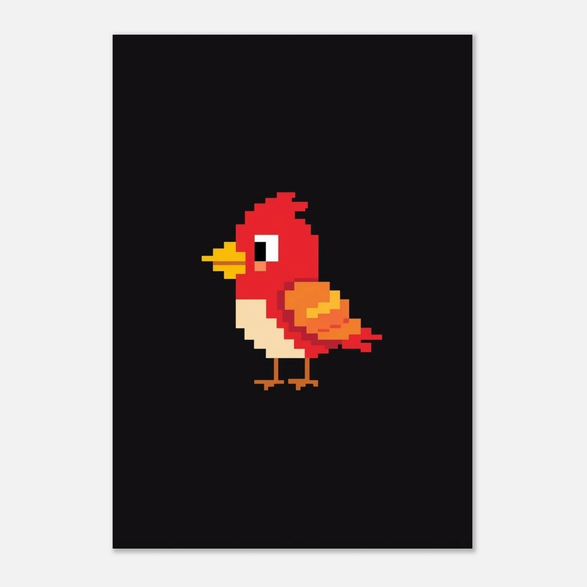 Retroinspirerad print med en liten fågel i röd pixel-estetik