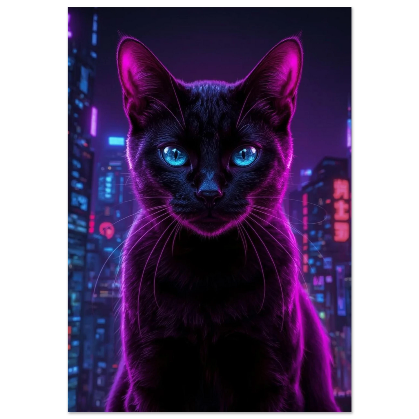 Svart katt med lysande blå ögon i lila neonstad – cyberpunk poster
