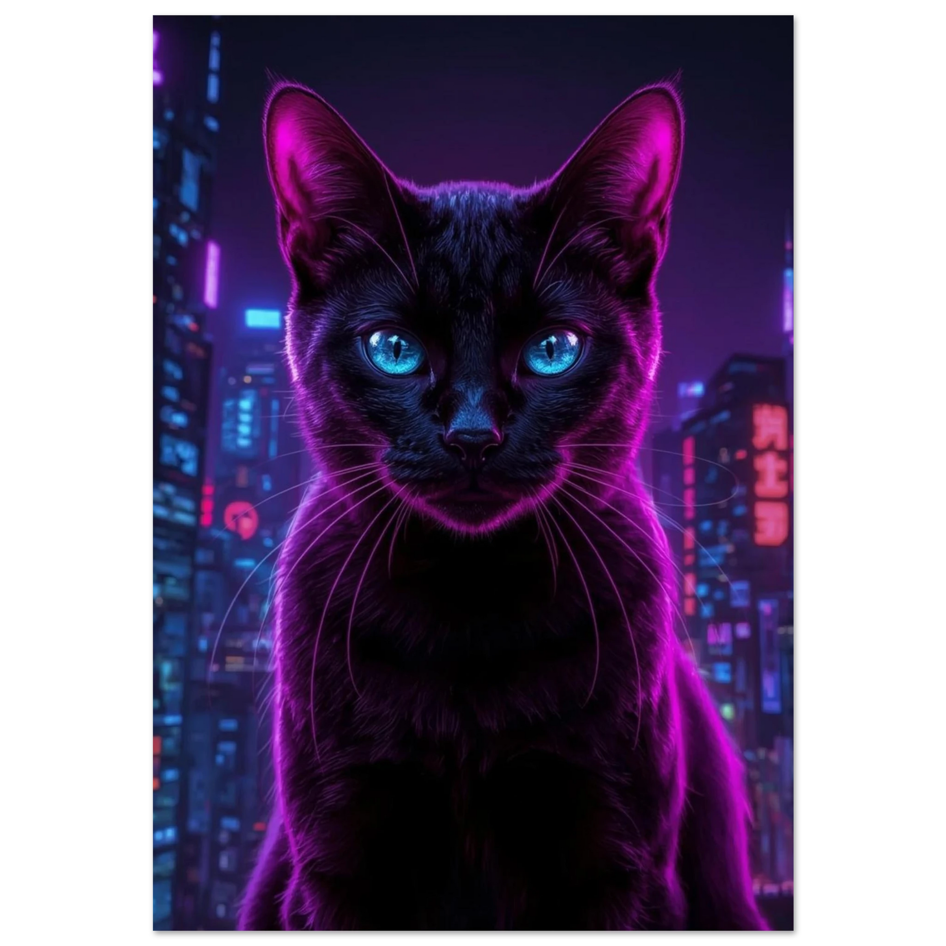 Svart katt med lysande blå ögon i lila neonstad – cyberpunk poster