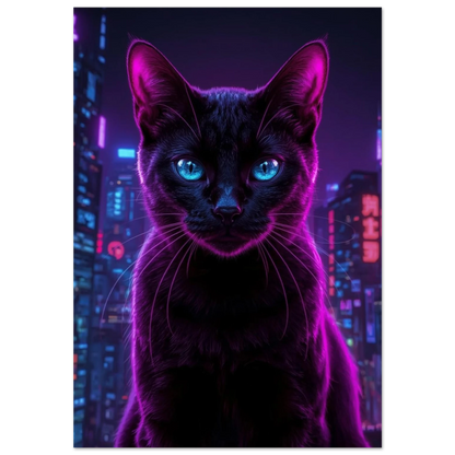 Svart katt med lysande blå ögon i lila neonstad – cyberpunk poster