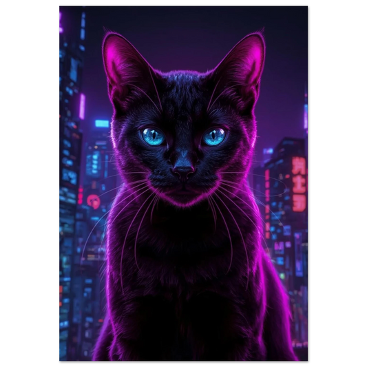 Svart katt med lysande blå ögon i lila neonstad – cyberpunk poster