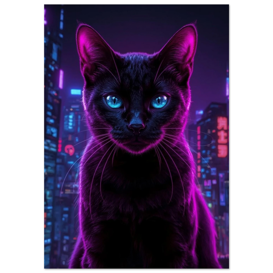 Svart katt med lysande blå ögon i lila neonstad – cyberpunk poster