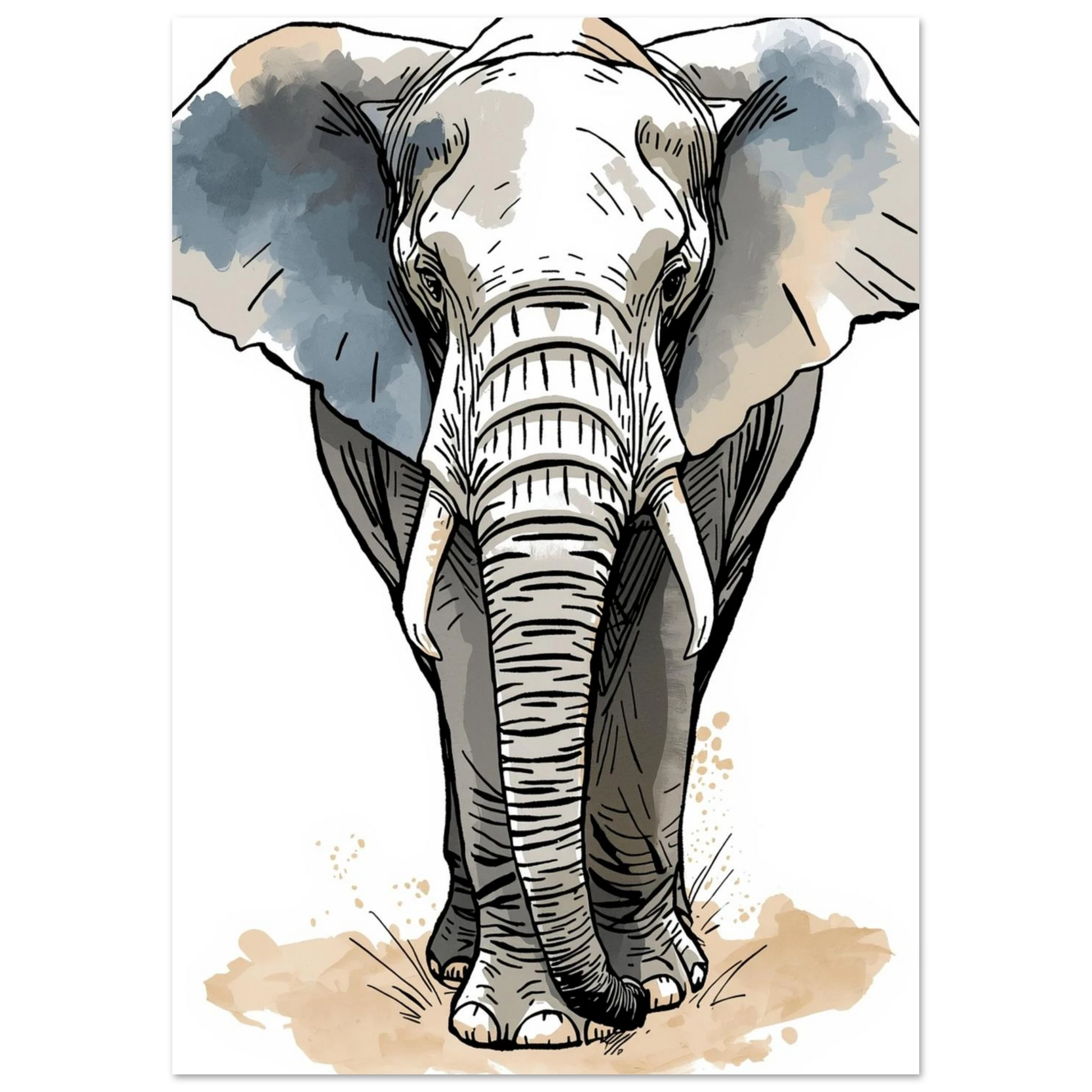Ståtlig elefant med stora öron i akvarellteknik – snyggt print