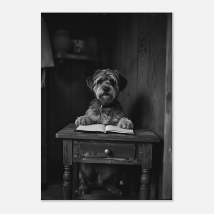 Inramad hundposter med motiv av en läsande hund i klassisk studiomiljö