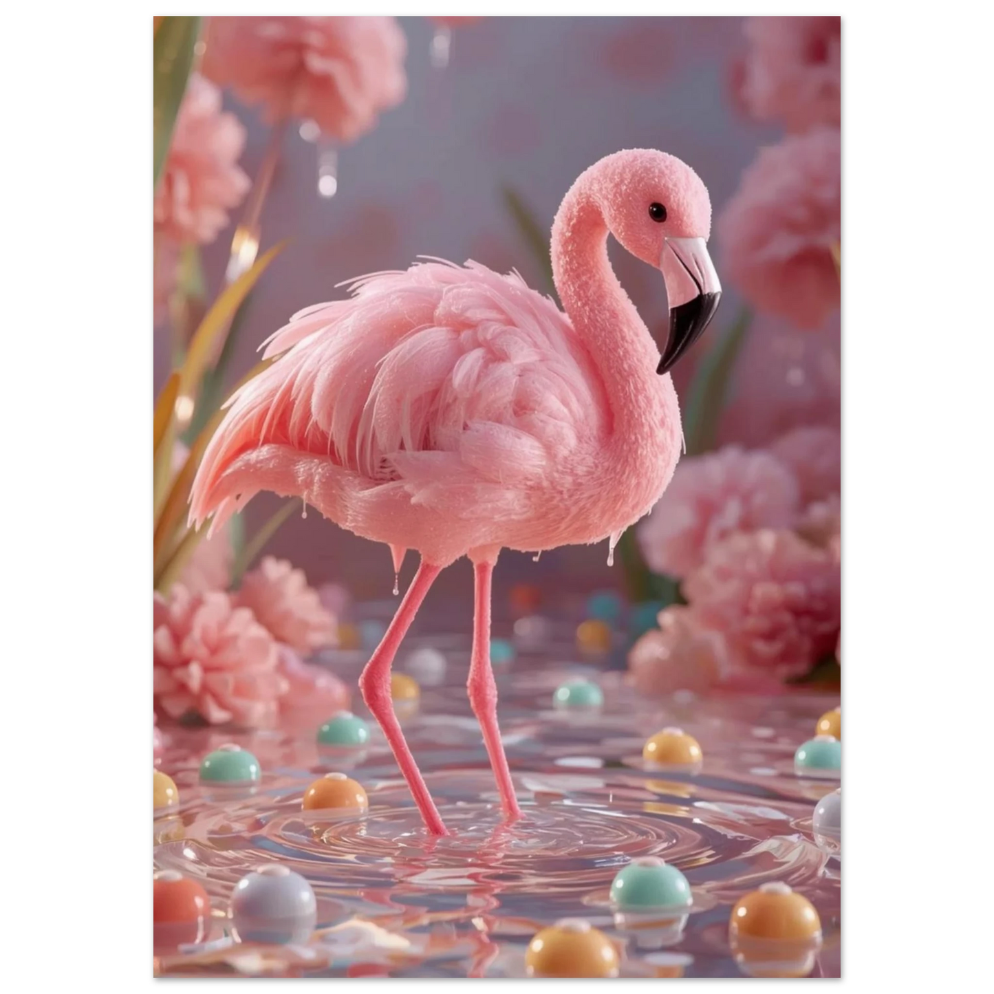 Detaljrik illustration av en flamingo i rosa godis med färgglada kulor