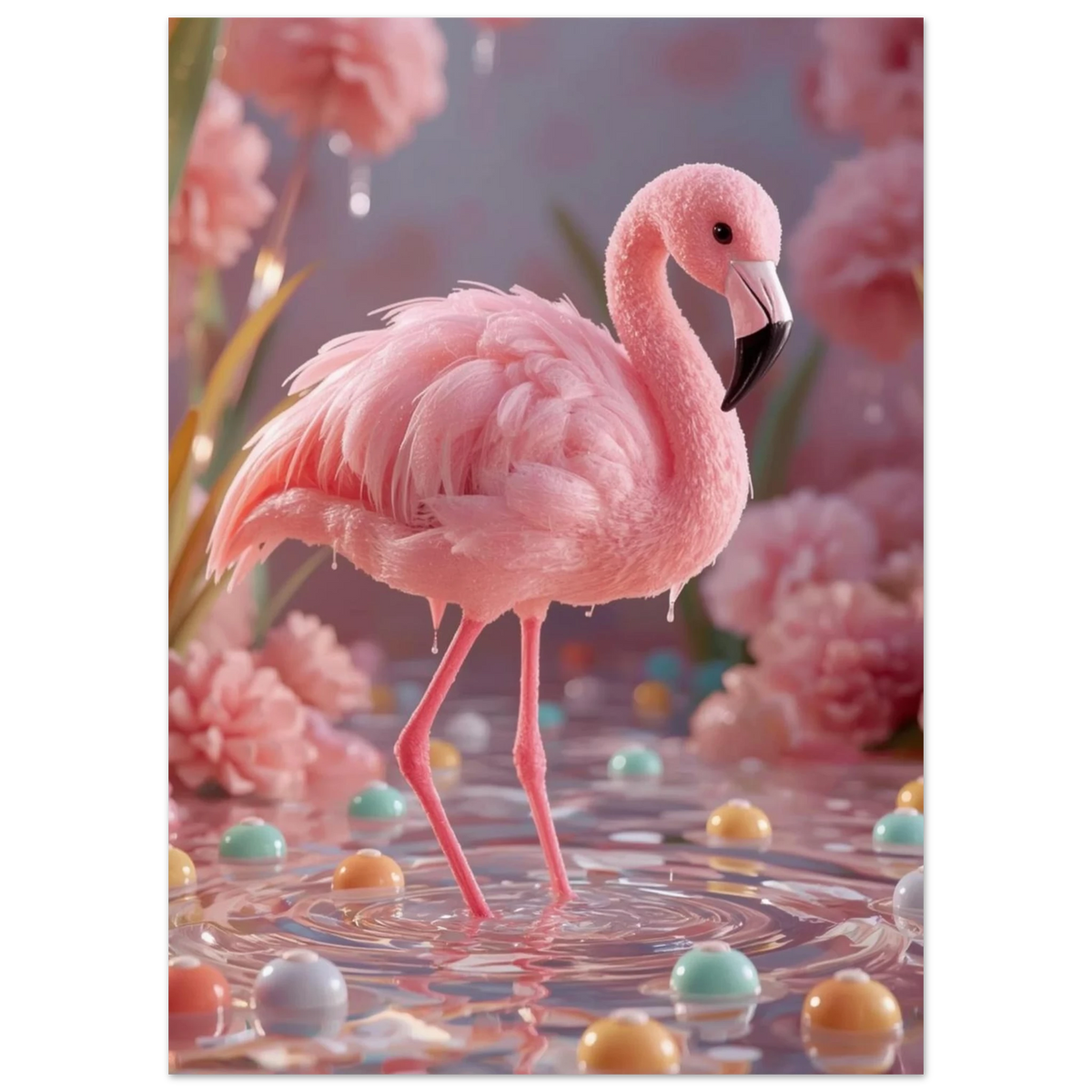 Detaljrik illustration av en flamingo i rosa godis med färgglada kulor