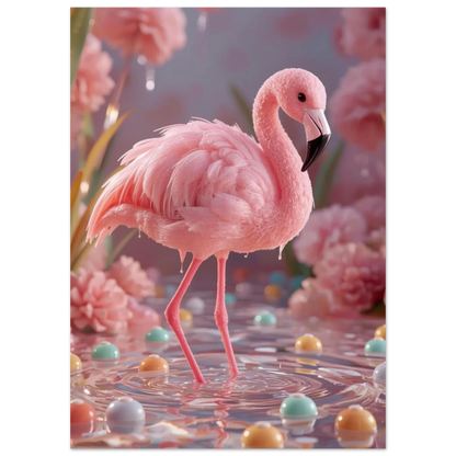 Detaljrik illustration av en flamingo i rosa godis med färgglada kulor