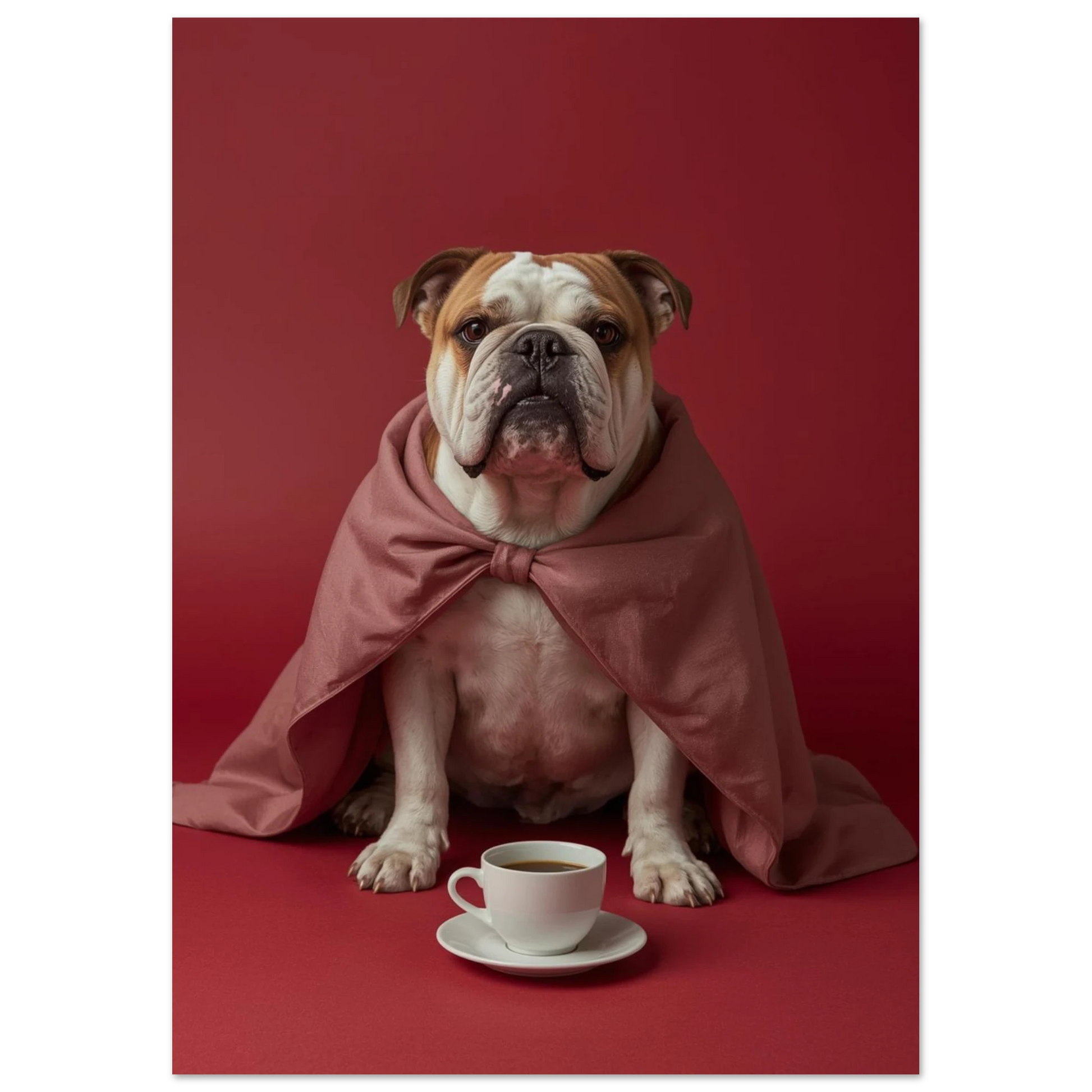 Sittande bulldogg med rosa sjal och espresso på röd fond