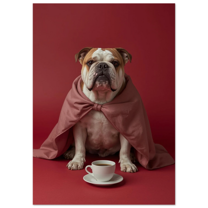 Sittande bulldogg med rosa sjal och espresso på röd fond
