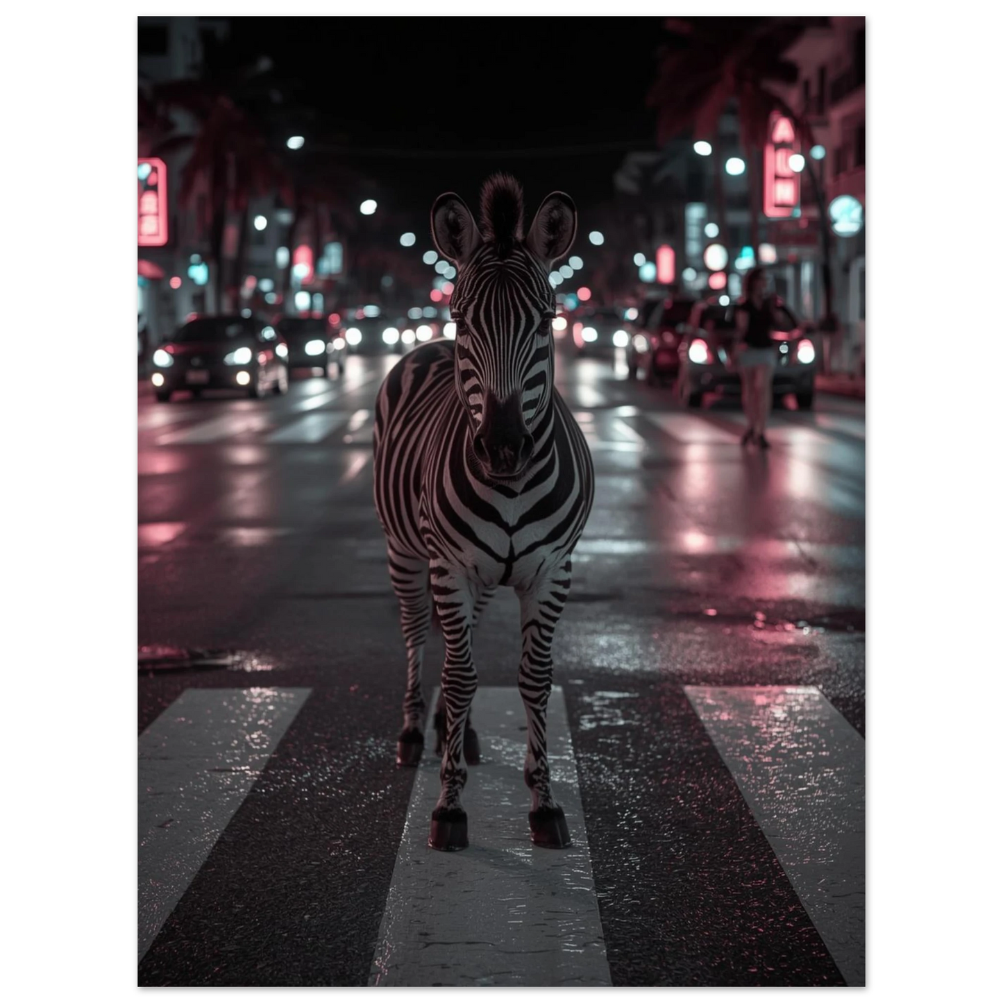Filmisk bild av en zebra som vandrar genom storstaden nattetid