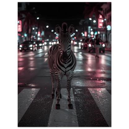Filmisk bild av en zebra som vandrar genom storstaden nattetid