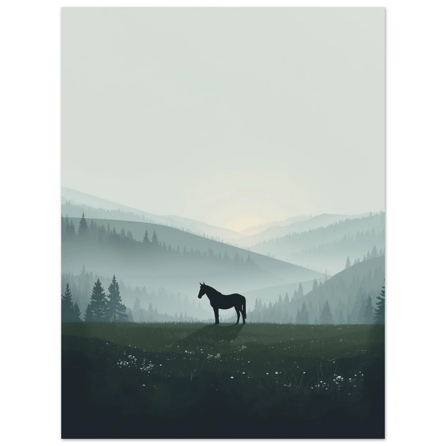 Minimalistisk illustration av en ensam häst i ett eteriskt naturlandskap