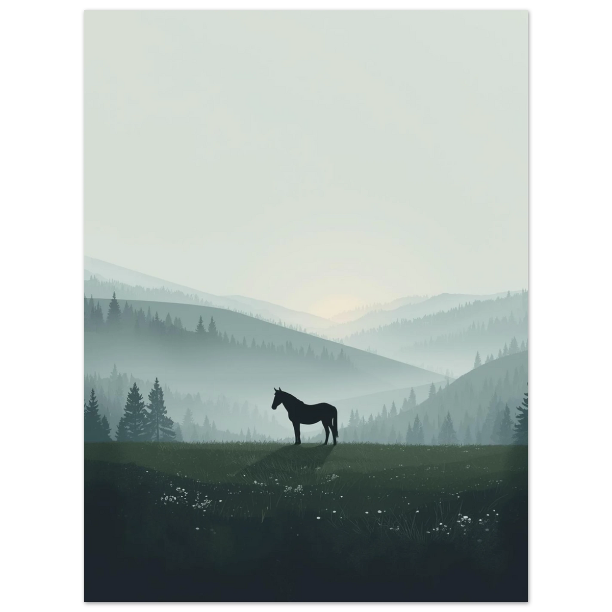 Minimalistisk illustration av en ensam häst i ett eteriskt naturlandskap