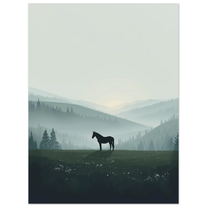 Minimalistisk illustration av en ensam häst i ett eteriskt naturlandskap
