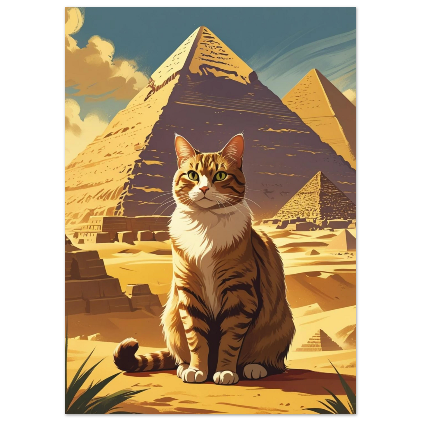 Illustration av en vaktande katt i ökenlandskap med egyptiska pyramider