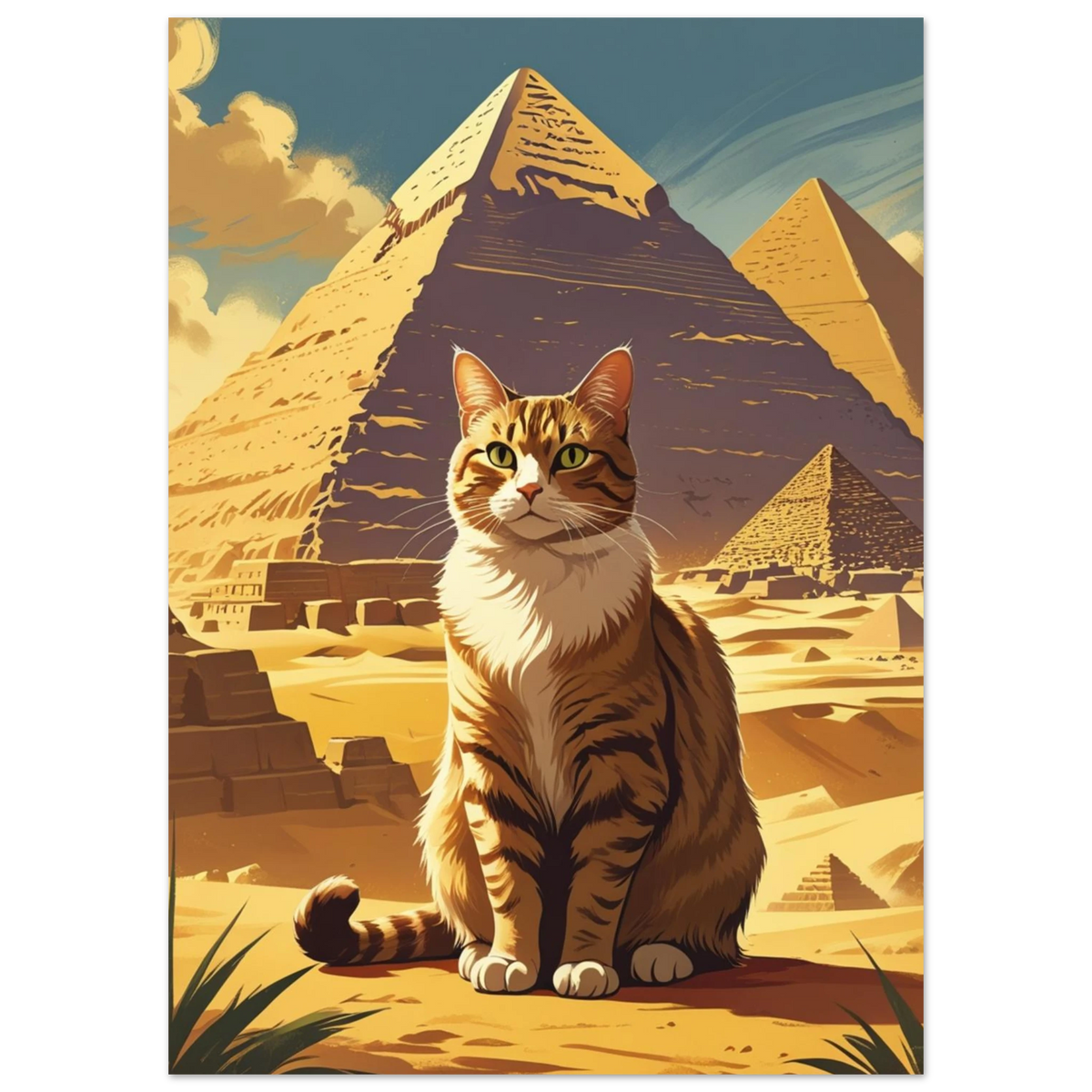 Illustration av en vaktande katt i ökenlandskap med egyptiska pyramider