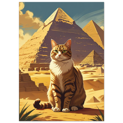 Illustration av en vaktande katt i ökenlandskap med egyptiska pyramider