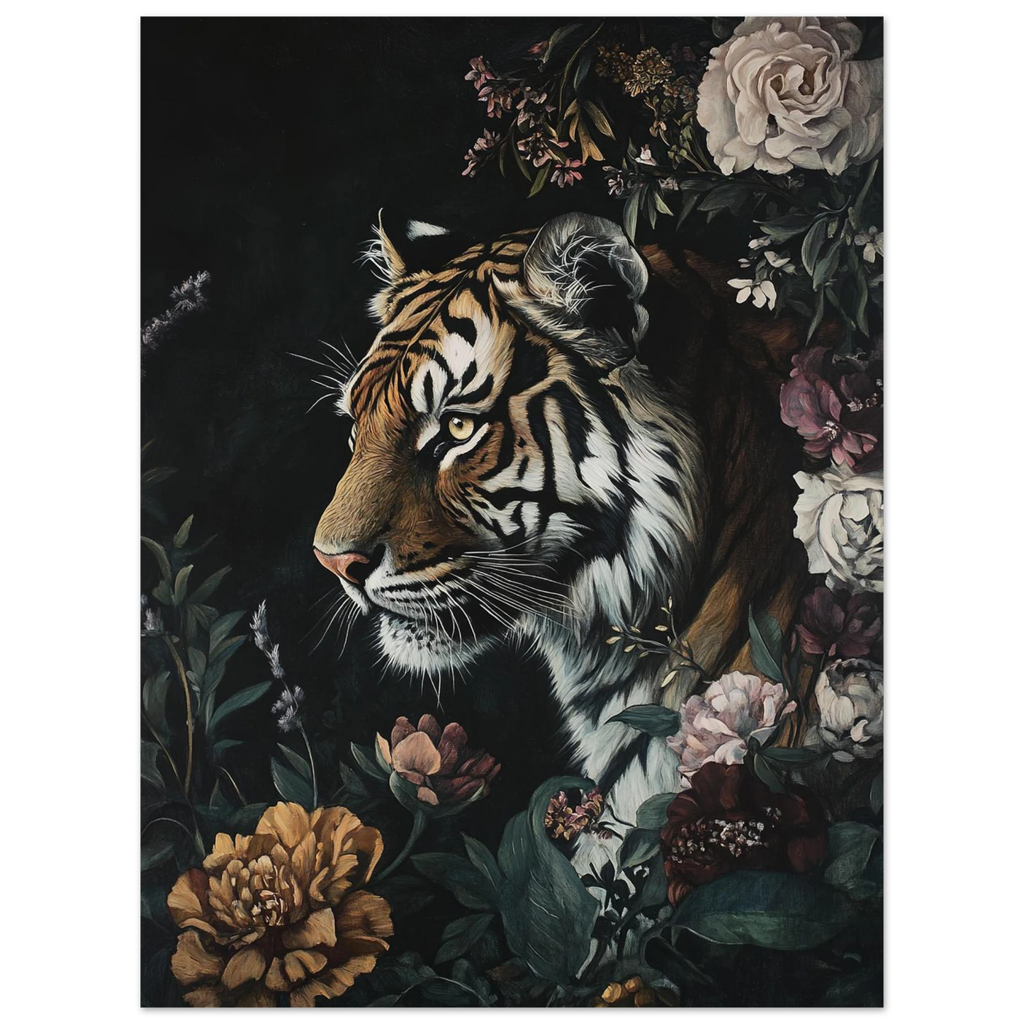 Detaljrik tigerposter med dova blommor i vintage-stil, mörkt canvastryck